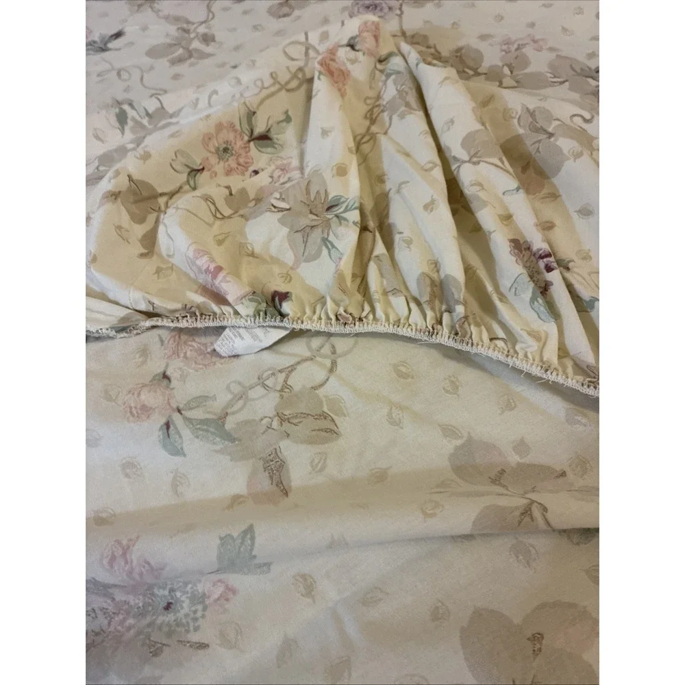 Vintage Cannon No Iron King Sheet Set 4 Piece Floral Flat Fitted 2 Pillowcases